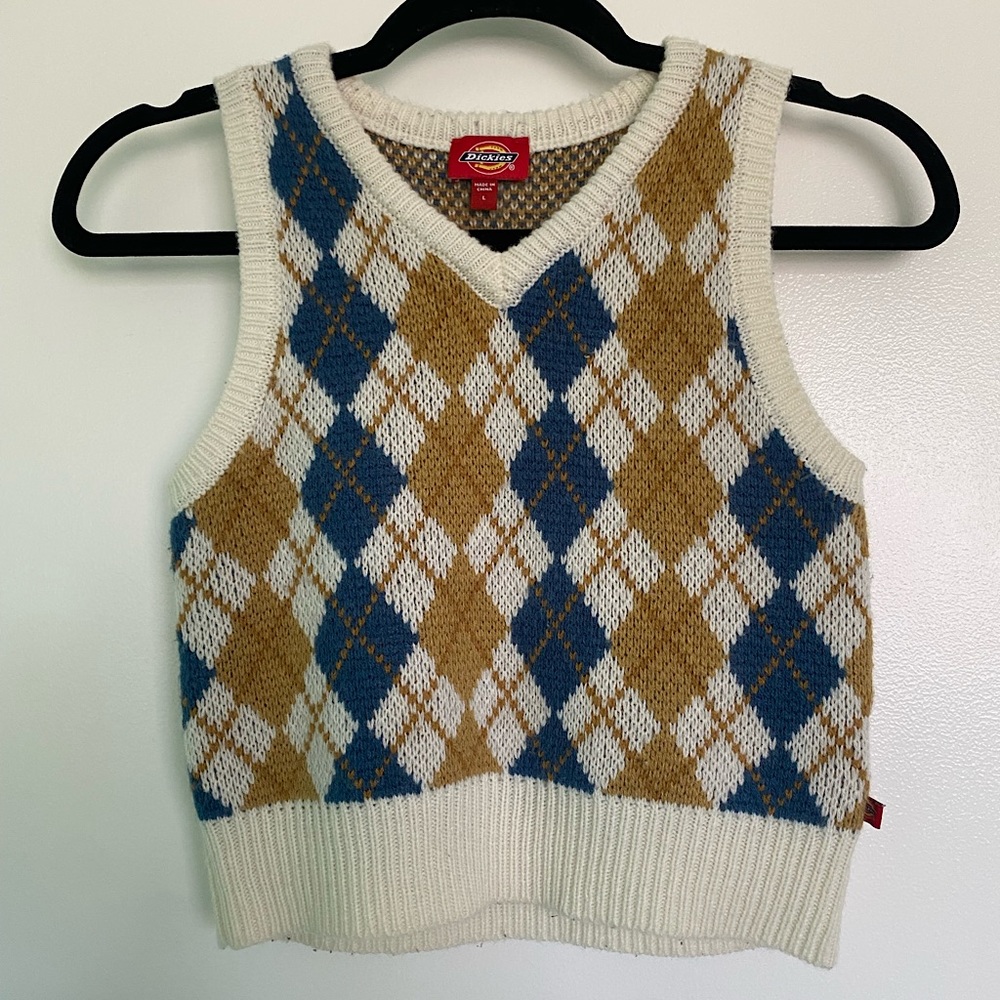 Dickies Argyle Sweater Vest, multicolored, cropped fit, large, not worn :)
